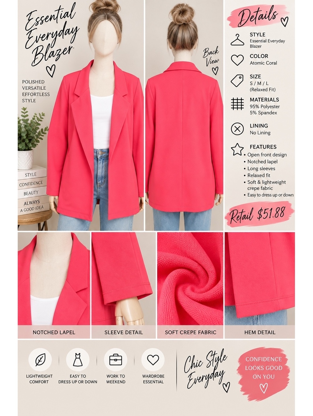 Timing Essential Everyday Coral Blazer with Notched Lapel
